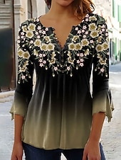 ieftine Topuri florale-Pentru femei Bluză Ombre Floral Grafic Elegant Lungime Manșon 3/4 În V Topuri obișnuite Zilnic Ieșire Nasturi Roz Îmbujorat Albastru piscină Trifoi Primăvară Toamnă
