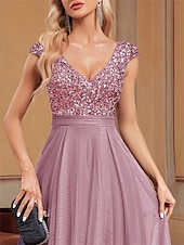 economico BLU-Abiti per Quinceanera A-Line elegante abito formale per matrimonio lunghezza del pavimento senza maniche scollo a V tulle con schiena a V e paillettes