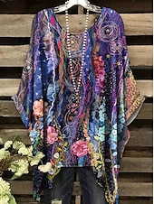 cheap Floral Tops-Women&#039;s Boho Shirt Floral Graphic Elegant Bohemia Active Short Sleeve Batwing Sleeve Crew Neck Regular Tops Daily Holiday Beach Wear Black White Red Blue Purple Summer Spring