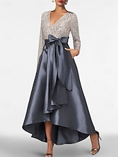 economico Abiti da cocktail-Abiti cocktail A-Line Abito elegante Matrimonio Formale Maniche lunghe asimmetriche Scollo a V Pochette Satina con fiocco(i)