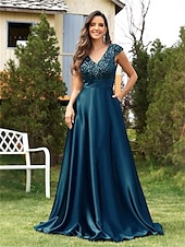 baratos AZUL-Vestidos de Quinceanera Linha A Vestido Elegante Casamento Formal Comprimento do Chão Sem Mangas Decote em V Cetim com Lantejoulas