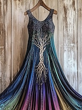 tanie Sukienki boho-Damskie Sukienka maxi Sukienka A line Sukienka z odkrytymi ramionami Urlop Codzienny Impreza Regularny Ombre Graficzny Bez rękawów Kwadratowy dekolt Zielony Lato Wiosna