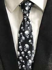 economico Cravatte e papillon da uomo-Cravatta nera in raso con stampa teschio gotico da uomo – accessorio retrò per feste di Halloween per outfit ispirati al punk e al vintage