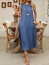 preiswerte Weißes Kleid-Damen Maxikleid A Linie Kleid Sommerkleid Lässig Täglich Normale Passform Einfach Ärmellos Rundhalsausschnitt Wein Blau Braun Grün Sommer