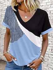 billige Stripe og geometrisk t-skjorte-Dame T skjorte Grafisk Geometrisk Årgang Stilfull Moderne Kortermet V-hals Vanlige topper Daglig Trykt mønster Rosa Blå Lilla Grønn Kakifarget Sommer