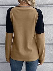 お買い得  ストライプ＆ジオメトリックTシャツ-女性用 ブラウス カラーブロック スタイリッシュ カジュアル 長袖 クルーネック レギュラートップス 日常 パッチワーク ボタン イエロー ワイン 夏 春