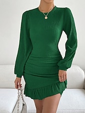abordables Robe Simple-Femmes Mini Robe Robe fourreau Mode Moderne Vacances Sortir Week-end Coupe régulière Uni manche longue Col ras du cou Noir Vert Kaki Été