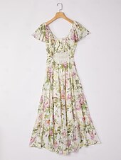 baratos Vestidos Florais Elegantes-Feminino Vestido de chiffon Vestido Longo Amarelo Verão Decote Princesa Elegante Férias Moda S M L