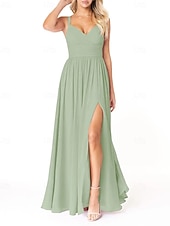baratos Vestidos para Madrinhas-Vestido de dama de honra em corte A, decote em V, sem mangas, elegante, longo, em chiffon com pregas / frente aberta / franzido 2025