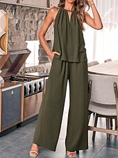 abordables Ensembles-Femmes Élégant Mode Streetwear Ensembles en coton et lin Sans manches Col Halter Couleur Unie Extérieur Travail Occasionnel Noir Vin Vert Véronèse Été Coupe régulière