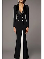 economico Lunghezza del pavimento-Abito Madre della Sposa Nero e Bianco Sirena  Tromba Abito Tuxedo Elegante Semplice Minimalista Seta Revers Lunghezza Intera Crepe Tessuto Elasticizzato Manica Lunga con Bottoni Metallici