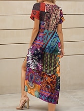 abordables Robes Boho-Femmes Robe Midi Robe d&#039;Été Robe trapèze Robe d&#039;été Bohème Vacances ancien Coupe Ample Fleuri Graphique Paisley Manche Courte Col en V Jaune Bleu Violet Vert Été Printemps Automne