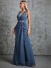 voordelige BLAUW-Zeemeermin  Trompet Quinceanera Jurken Elegante Jurk Formeel Bruiloft Vloerlengte Mouwloos V Hals Chiffon met Split