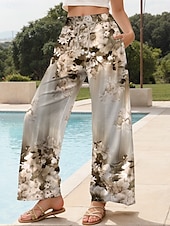 abordables jambe large et taille haute-Femmes Culottes Jambe Large Chinos Pantalons Amples Vacances ancien Mode Longueur complète Taille haute Fleuri Graphique Dégradé Ceinture Élastique Impression Respirant Doux Micro-Élastique Formel