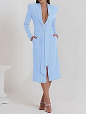 abordables Longueur du thé-Robe trapèze pour mère de la mariée, robe smoking, élégante, portefeuille, simple, minimaliste, col en V, revers châle, longueur midi, longueur thé, crêpe, tissu extensible, manches longues, couleur