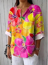 economico Top a Righe e Geometrici per Donne-Camicia da donna maniche lunghe scollo a V grafica floreale geometrica vintage tropicale hawaiana maniche 3/4 lunghezza collo regolare abbigliamento da spiaggia quotidiano stampa verde chiaro verde