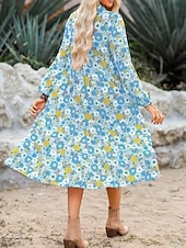 economico Abiti floreali-Per donna Abito Midi Abito a trapezio Casual All&#039;aperto Uscire Vestibilità regolare Floreale Grafico Manica Lunga Scollo a V Marrone chiaro Azzurro cielo Arancione Verde Estate