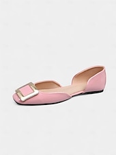 tanie Buty na płaskim obcasie damskie-damskie czarne lakierowane baleriny ze złotą klamrą, elegancki kwadratowy nosek, buty wsuwane do biura i na co dzień