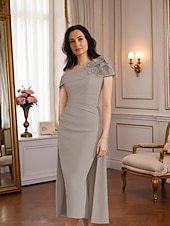 abordables Longueur du thé-Robe fourreau  colonne robe mère de la mariée robe formelle élégante vintage épaule unique longueur thé tissu extensible manches courtes avec appliques plissées robe de derby robe de jour de course