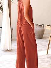 abordables Ensembles-Femmes Élégant Mode Streetwear Ensembles en coton et lin Sans manches Col Halter Couleur Unie Extérieur Travail Occasionnel Noir Vin Vert Véronèse Été Coupe régulière