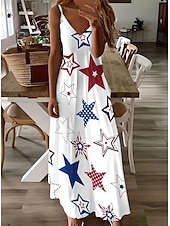 cheap Independence Day Dress-Independence Day Women&#039;s Patriotic Fourth of July Maxi Dress A Line Dress Slip Dress Vacation Casual Daily Holiday Graphic American Flag Sleeveless V Neck Spaghetti Strap White Red Sky Blue