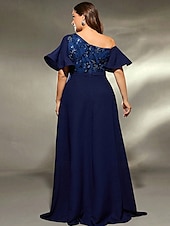 baratos AZUL-Vestido de Gala Linha A Vestido Elegante Casamento Formal Comprimento do Chão Manga Curta Um Ombro Cetim com Pregas