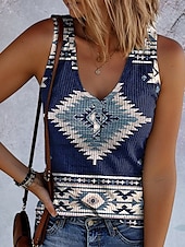 billige Boho tank topp-Dame Camisole Tank Top Grafisk Geometrisk Årgang Stilfull Etnisk Ermeløs V-hals Vanlige topper Daglig Trykt mønster Rød Blå Dusty Blue Sommer Vår