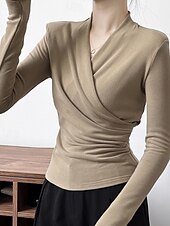 abordables Hauts Unis pour Femmes-Femmes Chemisier Uni Moderne Occasionnel manche longue Col en V Hauts Réguliers Quotidien Fête Froncé Noir Blanche Marron clair Automne