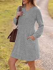 economico Abiti in maglia-Per donna Mini Abito Abito in maglia Casual Casuale Vestibilità regolare Semplice Manica Lunga Scollo a V Nero Marrone Verde Grigio Autunno Inverno