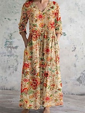 ieftine Rochii florale-Pentru femei Rochii Midi Rochie A line Casual În aer liber Ieșire Potrivire Largă Floral Grafic Lungime Manșon 3/4 În V Negru Roz Îmbujorat Albastru piscină Portocaliu Vară Primăvară Toamnă