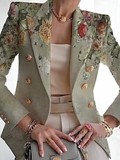 abordables Blazers et Costumes-Femmes Blazer Respirant Confortable Imprimé Mode Occasionnel Fleuri Formel Travail Bureau / Carrière Double Boutonnage Régulier Col Rabattu Coupe régulière manche longue Vêtements d&#039;extérieur Noir