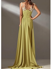 preiswerte GELB-gelbes Kleid Meerjungfrau / Trompete Abendkleid elegantes Kleid formelle Hochzeit Sweep / Pinsel Schleppe lange Ärmel V-Ausschnitt Chiffon gerüschte Details mit Perlen Stickerei Applikation 2025