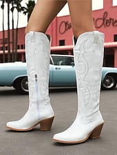 levne Cowboy &amp; Western Boots-Dámské hnědé kovbojské kozačky po kolena v západním stylu - vyšívané natahovací jezdecké boty z umělé kůže s blokovými podpatky na country koncerty, rančové outfity a podzimní outfity