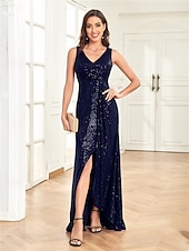 cheap BLUE-A-Line Quinceanera Dresses Elegant Dress Formal Wedding Asymmetrical Sleeveless V Neck Sequined with Sequin