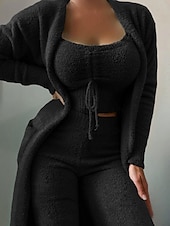 preiswerte Damen Schlafoberteile und -unterteile-Damen Schlafanzug Set 3-teilig Lässig Komfort Einfarbig Elastischer Bund Fuzzy Strickjacke Hose Heim Täglich Langarm Rundhalsausschnitt Schwarz Weiß Rosa Rote Grün Herbst Winter Normale Passform