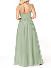 baratos Vestidos para Madrinhas-Vestido de dama de honra em corte A, decote em V, sem mangas, elegante, longo, em chiffon com pregas / frente aberta / franzido 2025