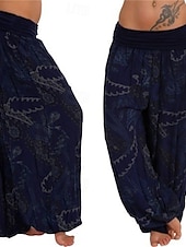 baratos perna larga e cintura alta-Mulheres Calças Calças Harem Calça Palazzo Moda Boho Comprimento total Cintura Média Imprimir Cintura elástica Confortável Micro-Elástica Rua Roupa Diária Para Noite Preto Amarelo Vermelho Azul