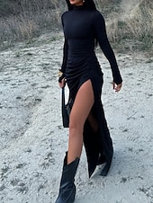 abordables Robe Simple-Femmes Robe Longue Maxi Robe Moulant Robe froncée Mode Classique Vacances Quotidien Fête Coupe régulière Uni manche longue Col roulé Noir Automne