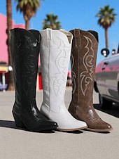 levne Cowboy &amp; Western Boots-Dámské hnědé kovbojské kozačky po kolena v západním stylu - vyšívané natahovací jezdecké boty z umělé kůže s blokovými podpatky na country koncerty, rančové outfity a podzimní outfity