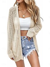 baratos Casacos &amp; Casacos de Trench-Mulheres Jaqueta casual Respirável Confortável Com Corte Casual Tecido Férias Rua Casual Roupa Diária Abertura Frontal Padrão Sem Colarinho Normal Manga Longa agasalhos Preto Branco Cáqui Verão