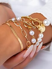 お買い得  結婚 ACC-レディースゴールドチェーンとパールブレスレットセット、ファッショントグルクラスプジュエリー、女の子と女性のためのエレガントなレイヤードスタイル、パーティー、結婚式、オフィス、普段使いに最適