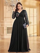 cheap BLUE-A-Line Plus Size Dresses Elegant Curve Dress Formal Wedding Floor Length Long Sleeve V Neck Chiffon with Sequin