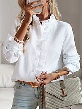 זול חולצות שמלות-WOMEN&#039;S SHIRT BUTTON DOWN BLOUSE SOLID COLOR PLAIN STRIPED ELEGANT STYLISH BASIC LONG SLEEVE CREW NECK REGULAR TOPS DAILY RUFFLE BUTTONS WHITE PINK SKY BLUE GRAY SPRING FALL WINTER