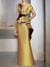 abordables JAUNE-Robe de Soirée Svelte Élégante Robe Invité de Mariage Longueur au Sol Manches Courtes Col V Satin avec Volants Broderie Appliqués