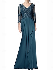 cheap Floor Length-A-Line Mother of the Bride Dress Elegant V Neck Floor Length Chiffon 3/4 Length Sleeve with Pleats 2025