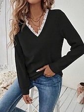 abordables Couleurs unies-Femmes Haut d&#039;épissage en dentelle Couleur Unie Élégant Occasionnel manche longue Col en V Hauts Réguliers Quotidien Dentelle Patchwork Noir Blanche Bleu Beige Gris Printemps Automne Hiver
