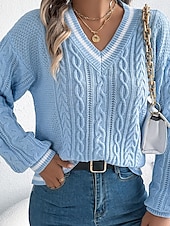 preiswerte Einfarbige Farben-Damen Pullover Lässig Farbblock Gerippt V Ausschnitt Patchwork Gestrickt Langarm Normale Oberteile Stricken Täglich Ferien Ausgehen Weiß Blau Herbst