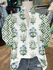 cheap Boho Tops-Women&#039;s Shirt Floral Stylish Modern Half Sleeve V Neck Regular Tops Daily Holiday Print White Blue Green Khaki Summer