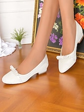 abordables Occasionnel-Ballerines en dentelle blanche pour femme avec nœud – Chaussures de mariage à talon bas pour mariée ou demoiselle d&#039;honneur