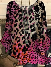 voordelige Sexy topjes voor dames-Dames Overhemd Luipaard Stijlvol 3/4 mouw Strakke ronde hals Normale tops Dagelijks Feestdagen Afdrukken Paars Fuchsia Bruin Zomer